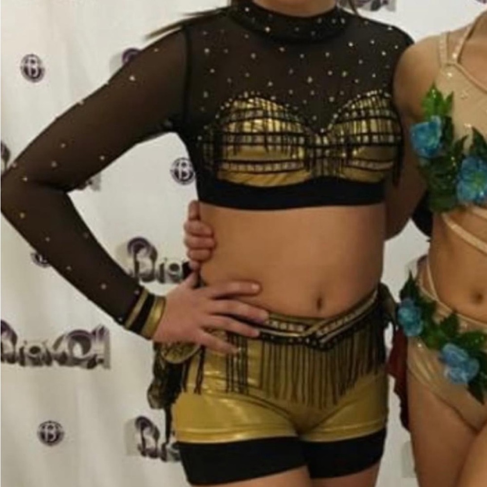 Gold & black 2-piece costume w custom rhinestones - size xs adult